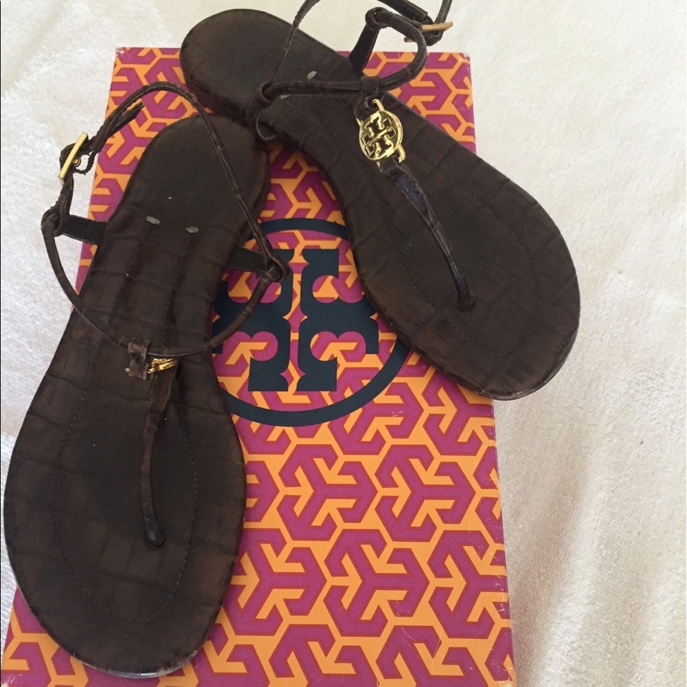 TORY BURCH Emmy Thong- Croc Prt  Lthr Fig Brown